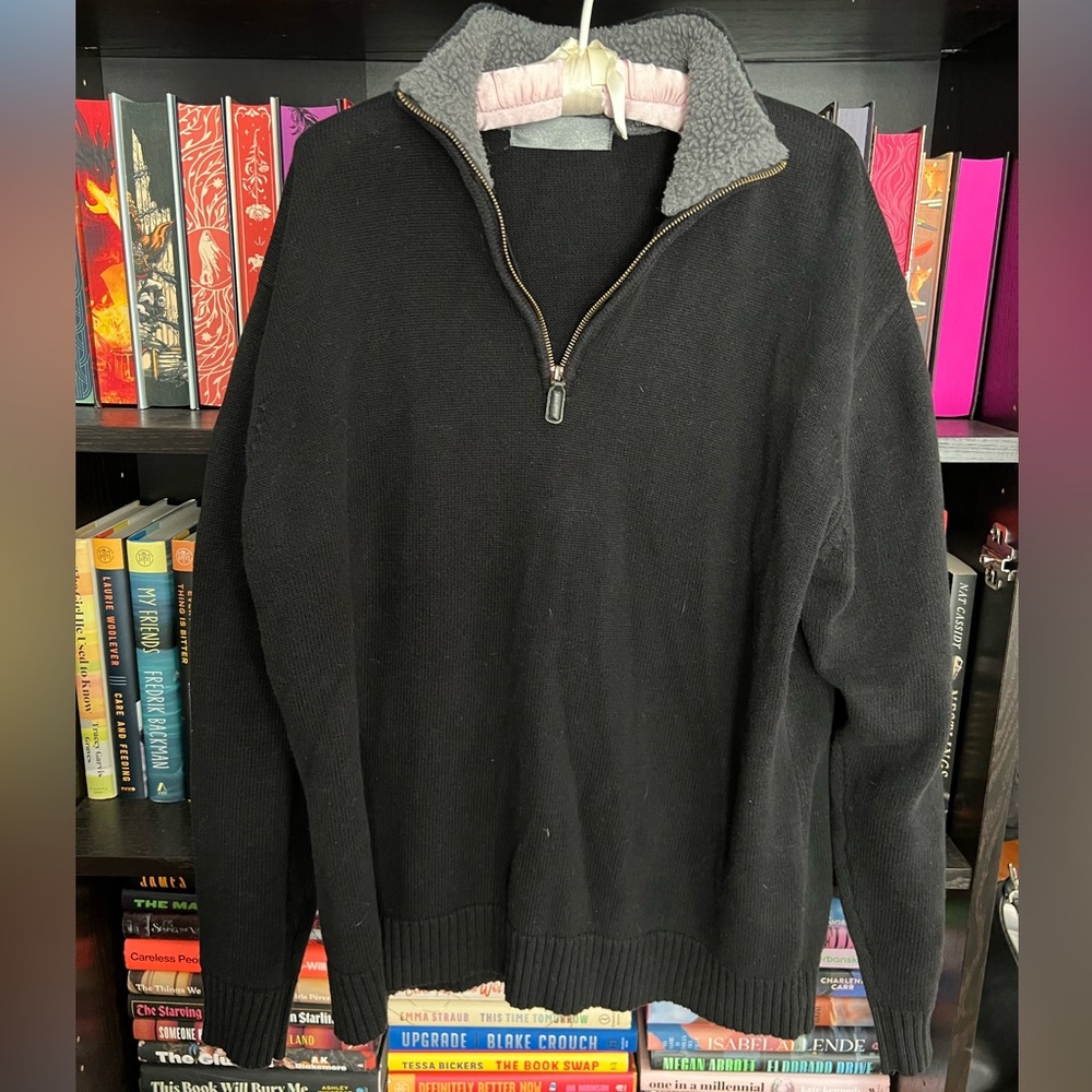 Oscar de la Renta Men’s Sherpa Collared Black Quarter-Zip Sweater — Size XL